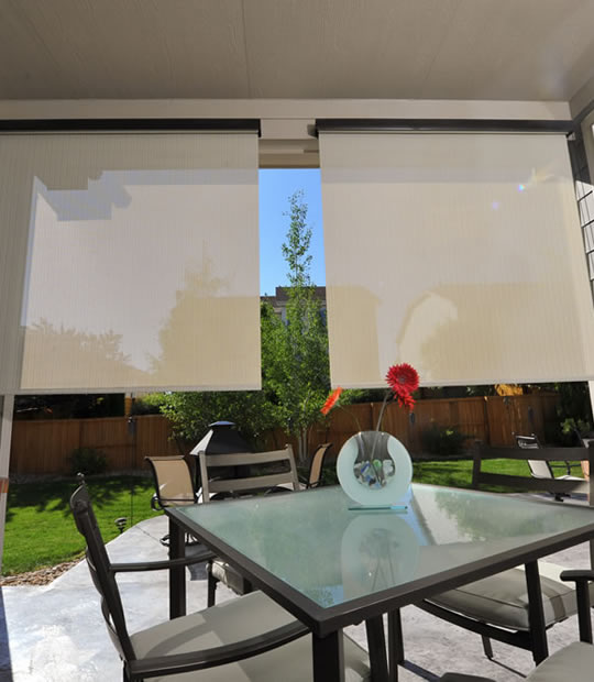 Exterior Solar Shades with Valance, Cord, Pole or Motor Operated