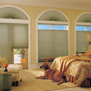Cordless light filtering honeycomb cellular shade in neutral tone filtering soft daylight on large window