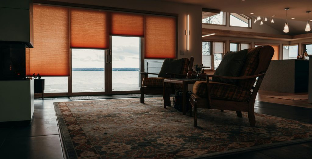 Room darkening sheer shades in living room